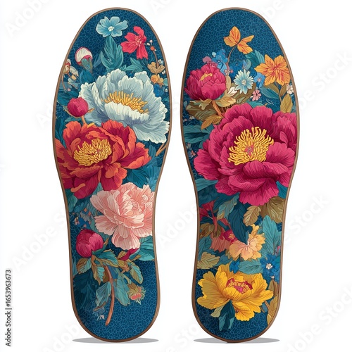 Floral - Patterned Insole Design, Vintage Blue Background with Colorful Peony Prints, Footwear Decoration/Cultural and Creative Material, Symmetrical Plant Patterns
