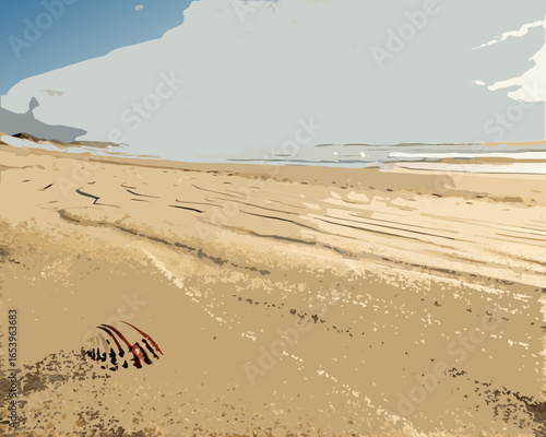 Sandy beach texture with a tiny seashell at the bottom, airy and open
