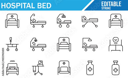 Hospital Bed Icons for Healthcare Facilities, Patient Recovery, and Treatment