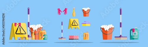 Cleaning supplies kit vector flat style illustration set for housekeeping, hygiene, and domestic chores concept.