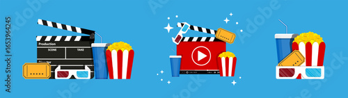 Movie attributes for cinema night. Film production elements. Premiere concept with pop corn, cola. Entertainment party background.