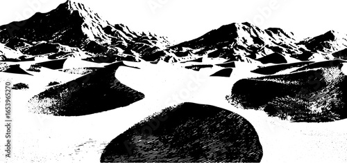 Desert landscape with sand dunes and mountains in monochrome. Black and white vector illustration with line shading and grain texture.