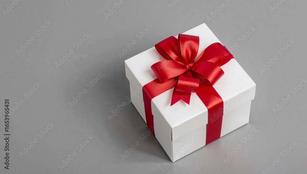 Obraz premium Elegant white gift box with a bright red ribbon bow on a gray background, studio shot.