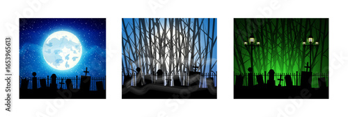 Halloween graveyard set with full moon night, foggy forest and spooky lamp. Stock vector flat style illustration collection.