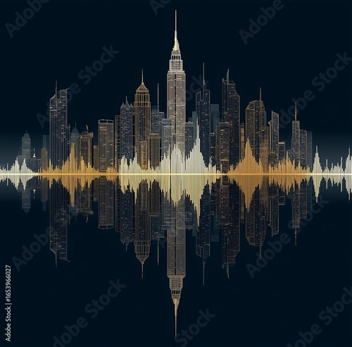 Urban Skyline Sound Wave Art, Symmetrical Reflection Design, Fusion of Architecture & Audio Visualization, Decorative Painting/Creative Design Material