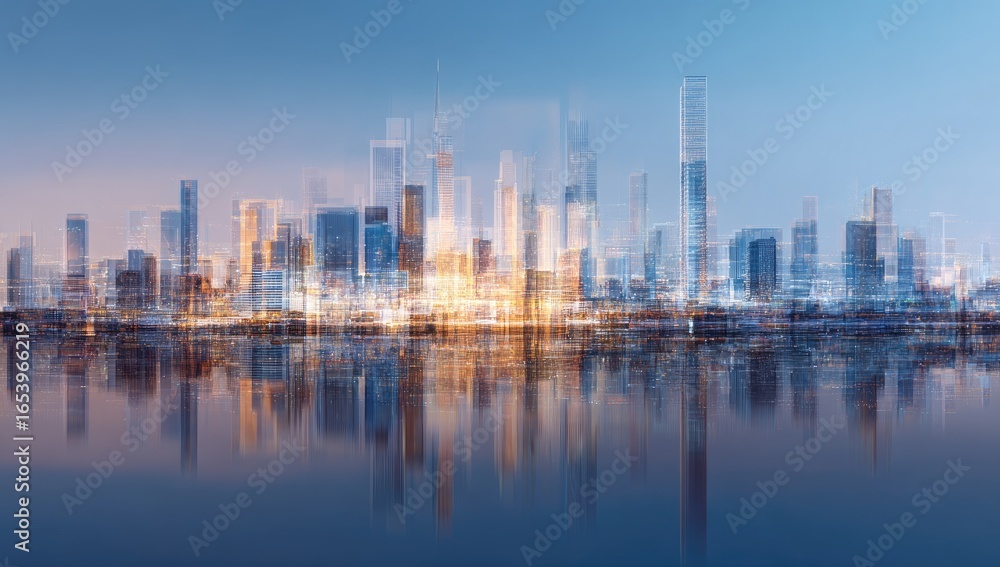 Naklejka premium City skyline reflected on water at dawn