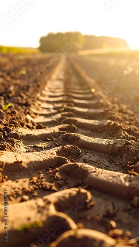Tractor Tracks in Field at Sunset