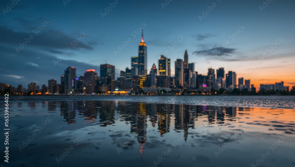 Obraz premium Ethereal Cityscape. Soft Focus Evening View with Water Reflections of a Modern Metropolis.