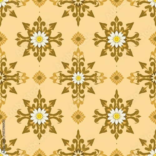 Wallpaper Mural Repeated pattern featuring beige floral designs with white daisy centers on a beige background Torontodigital.ca