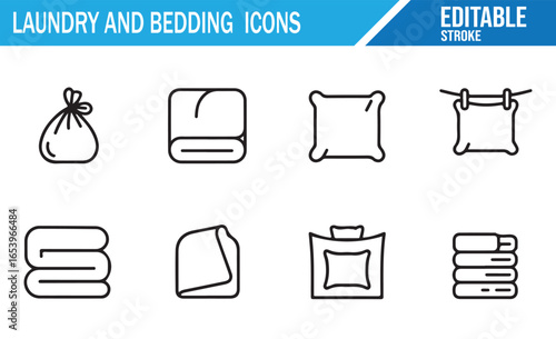 Laundry and Bedding Icons Set Featuring Towels, Sheets, Pillows, and Laundry Bags for Household Cleaning