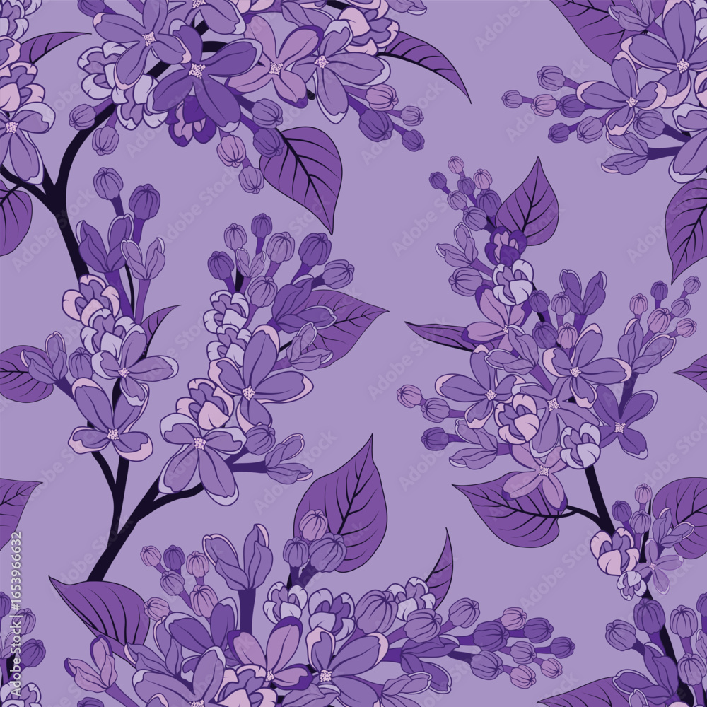 Fototapeta premium Vector illustration. Monochrome lilac blooms seamless repeat pattern on very peri background. Best for wallpaper, home decor and packaging.