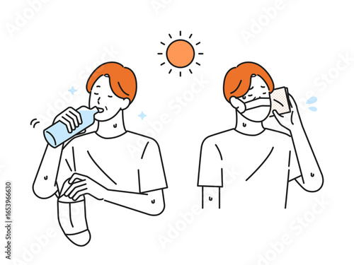 イラスト素材：汗を拭いたり、水分補給するシニア男性