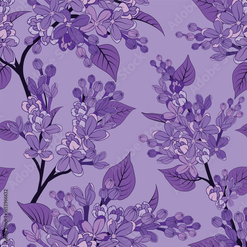 Vector illustration. Monochrome lilac blooms seamless repeat pattern on very peri background. Best for wallpaper, home decor and packaging.