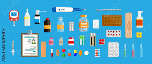 Medical tools and medicine, a collection of flat style icons for health care. Patient diagnosis and treatment concept.
