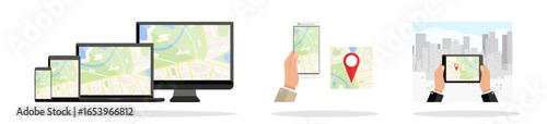 Flat style vector illustration of location map application on different device screens like smartphone, tablet, laptop, computer. GPS navigation service with human hands holding modern gadgets.