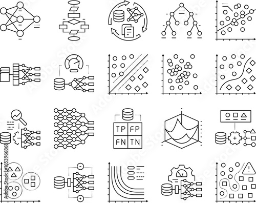 machine learning algorithm model icons set vector