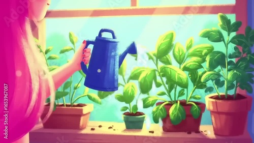 Young woman with pink hair watering indoor plants by a sunlit window, nurturing growth
