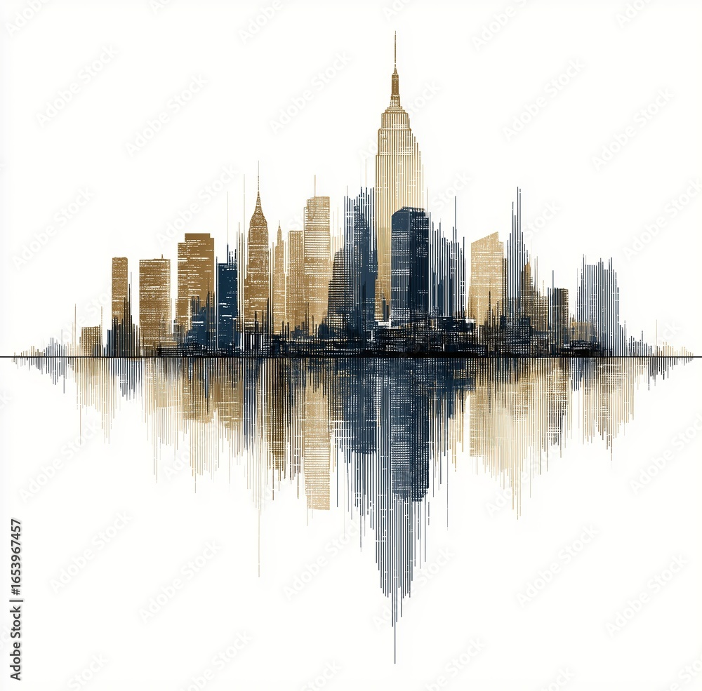 Obraz premium Urban Skyline Sound Wave Art Illustration, Symmetrical Reflection Design, Fusion of Architecture & Audio Visualization, Decorative Painting/Creative Design Material