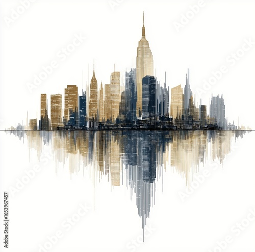 Urban Skyline Sound Wave Art Illustration, Symmetrical Reflection Design, Fusion of Architecture & Audio Visualization, Decorative Painting/Creative Design Material