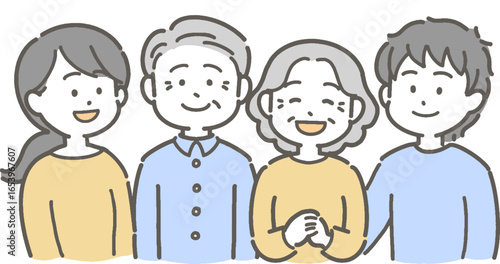 シニア夫婦と若い男女の家族のイラスト

