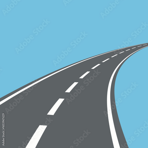 A curving asphalt road with white dashed lines under a clear blue sky.