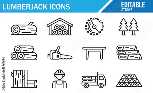 Forestry and Lumberjack Icons Featuring Wood Cutting, Sawing, and Timber Transport