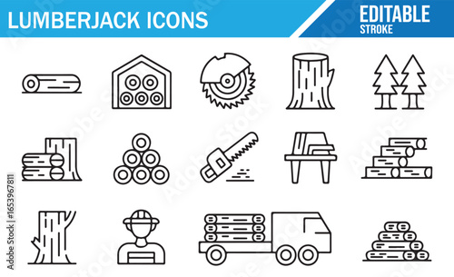 Set of Icons for Lumberjack, Logging Equipment, and Wood Processing