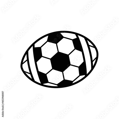 Black and white illustration of a soccer ball and rugby ball.