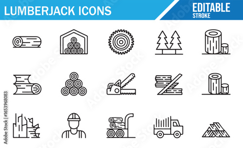 Logging and Lumber Industry Icons Featuring Sawing, Timber, and Forestry