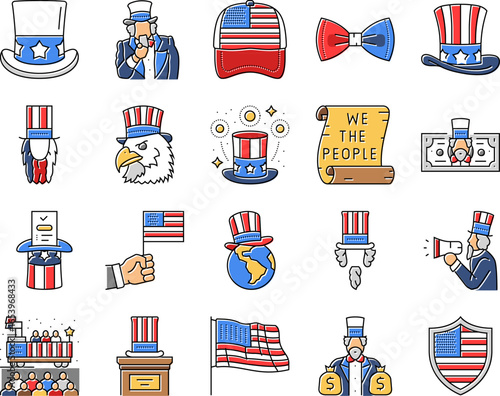 uncle sam patriotism propaganda icons set vector