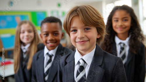 Children wearing new school uniforms stand in classroom with happy smiles. This lively setting features colorful educational materials and promotes learning