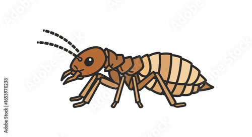 A simple cartoon illustration of a brown termite in profile view with a segmented body large mandibles and dashed antennae.