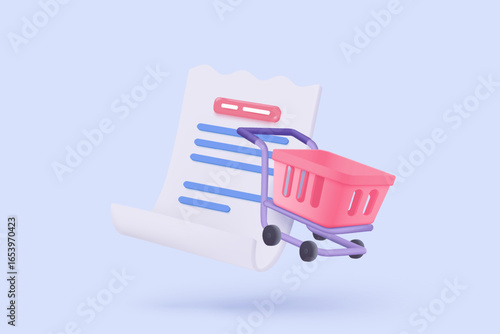 3D shopping cart with bill icon for payment transaction notice. paper receipt for shopping offer in store. Business invoice bill expenses idea concept. 3d invoice list icon vector render illustration