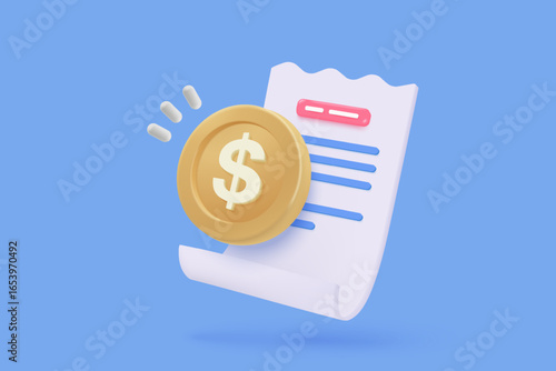 3D bill icon for payment transaction with notice. paper receipt for shopping offer in store. Business invoice bill expenses idea concept. 3d invoice list icon vector render illustration