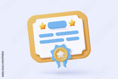 3d certificate or diploma icon with stamp and ribbon bow isolated background. White clipboard task management todo check list, work on project plan concept. 3d vector render on background