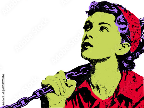 Woman holding chain in pop art style. Retro portrait with red headscarf, bold colors, and strong expression, vector illustration.