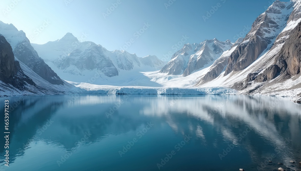 Naklejka premium Majestic snow-capped mountains surround glacial lake reflecting serene, clear blue sky. Tranquil winter landscape offers peaceful, cold wilderness scene. Perfect for travel desktop wallpaper, natural