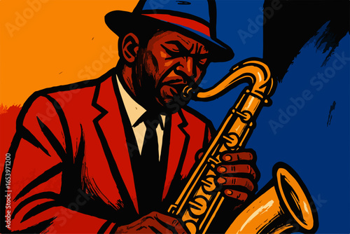 Vibrant Illustration of a Jazz Musician Playing a Saxophone