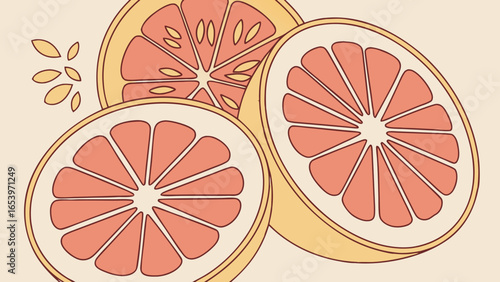 Illustration of three grapefruit slices with seeds and juice drops on a light background