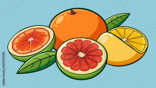 Illustration of whole and halved citrus fruits with leaves on a light blue background scene art