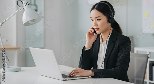 Professional Asian businesswoman wearing a headset works on a laptop in a modern office, providing online customer support.