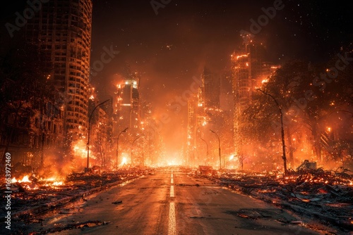 Fototapeta Naklejka Na Ścianę i Meble -  Burning city street at night