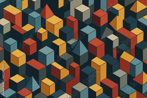 Abstract Geometric Pattern Comprising Vibrant Colorful Cubes and Shapes