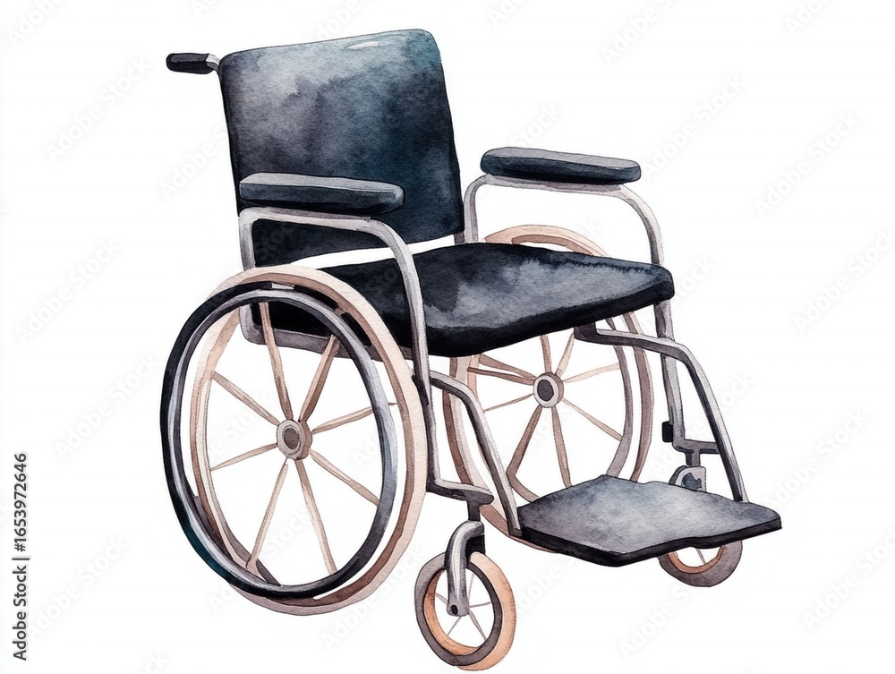 Fototapeta premium Watercolor illustration wheelchair medical equipment mobility aid healthcare device comfort support white background