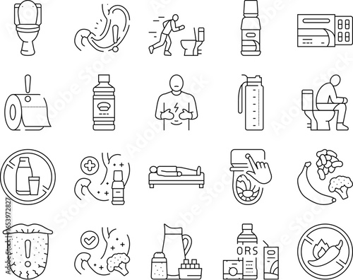 diarrhea causes icons set vector
