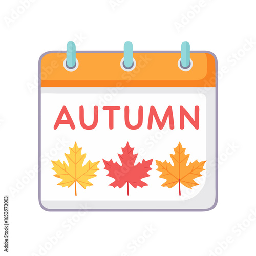 Colored vector icon of an autumn calendar featuring maple leaves, symbolizing fall season, dates, and seasonal planning. Isolated on a transparent background