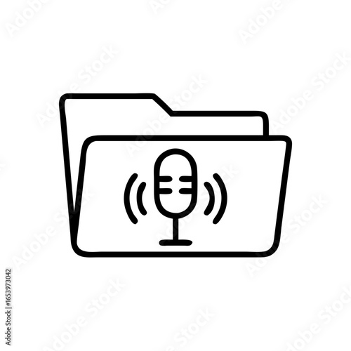 Minimalist black outline vector icon of a podcast episode folder with a microphone, symbolizing audio storage, broadcasting, and digital media. Isolated on a transparent background