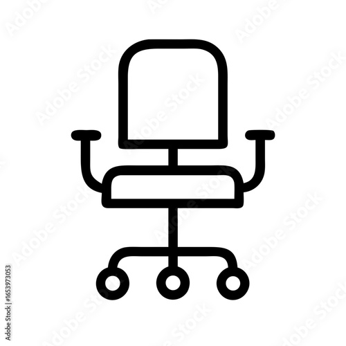 Minimalist black outline vector icon of a rolling office chair, symbolizing workplace, comfort, and ergonomic seating. Isolated on a transparent background