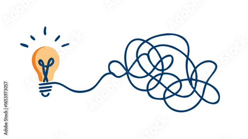 Colored vector illustration of a tangled line and lightbulb, symbolizing problem solving, creativity, and innovative ideas. Isolated on a transparent background