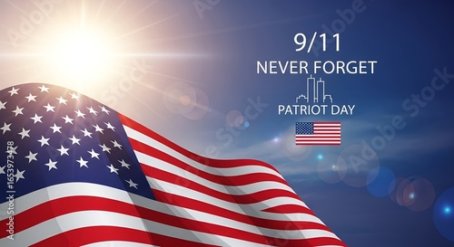 Waving American flag against a sunlit sky, a powerful Patriot Day illustration commemorating the events of 9/11 and remembrance.